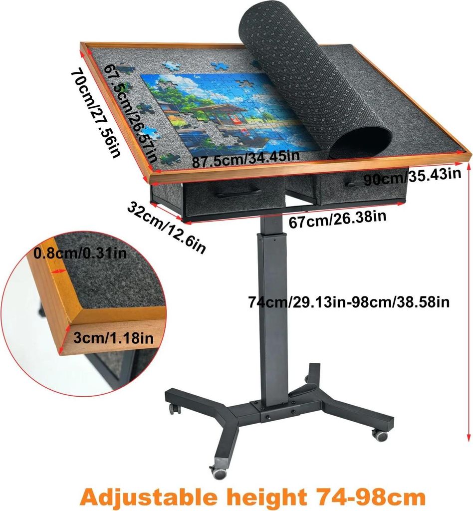 Puzzletisch 1500 Teile - Verstellbarer Puzzletisch - 4 Neigungswinkel - Metallgestell - Schublade und Rollen - Schmaler Tisch für Erwachsene - Sch...