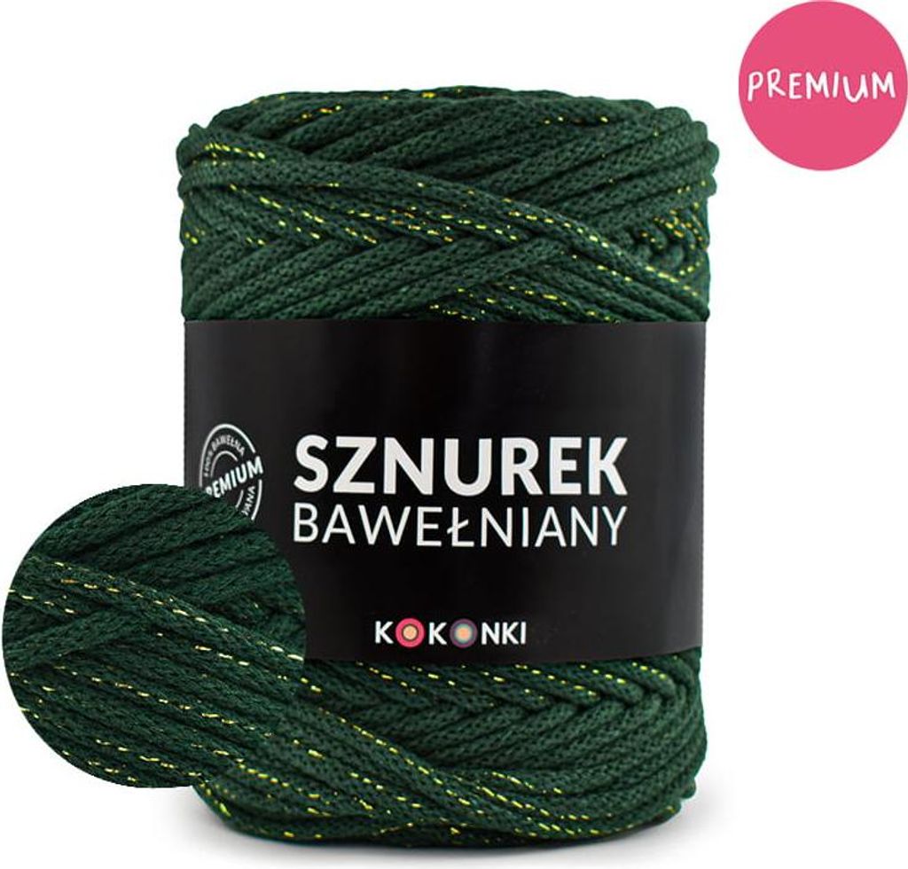 Baumwollkordel KOKONKI 5mm, 100m, Flaschengrün mit goldenem Produktbild 