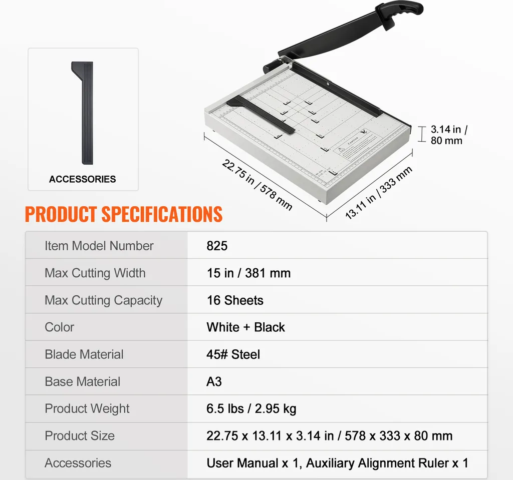 Massicot Guillotine de Bureau Capacité 16 Feuilles de 15 Pouces