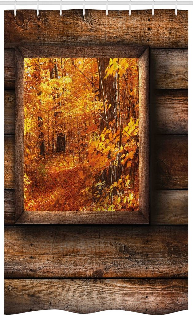 ABAKUHAUS Fallen Schmaler Duschvorhang, Blick vom Landhaus, Badezimmer Deko Set aus Stoff mit Haken, 120 x 180 cm, Orange Braun