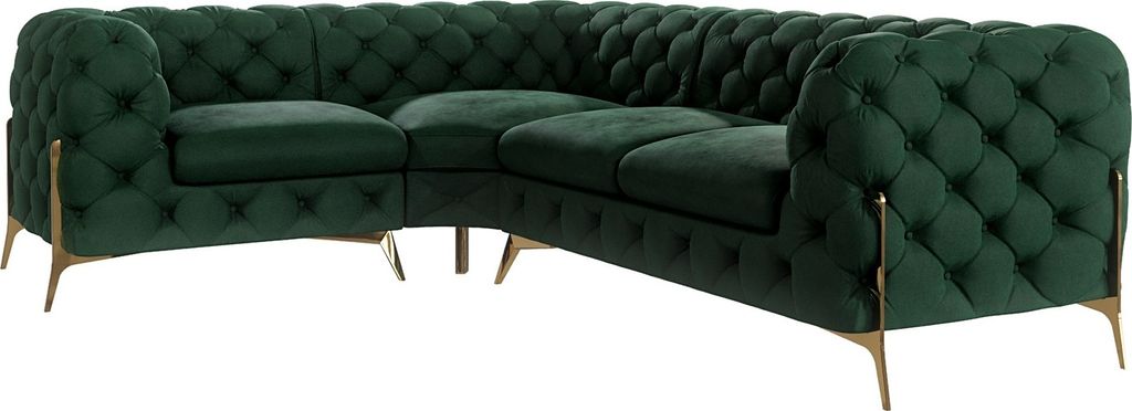 S-STYLE MÖBEL - Chesterfield Ecksofa Nova mit Goldene Metall Füßen aus Flasche Grün - Ottomane links, Samtstoff, B/T/H: 264 cm / 204 cm / 75 cm