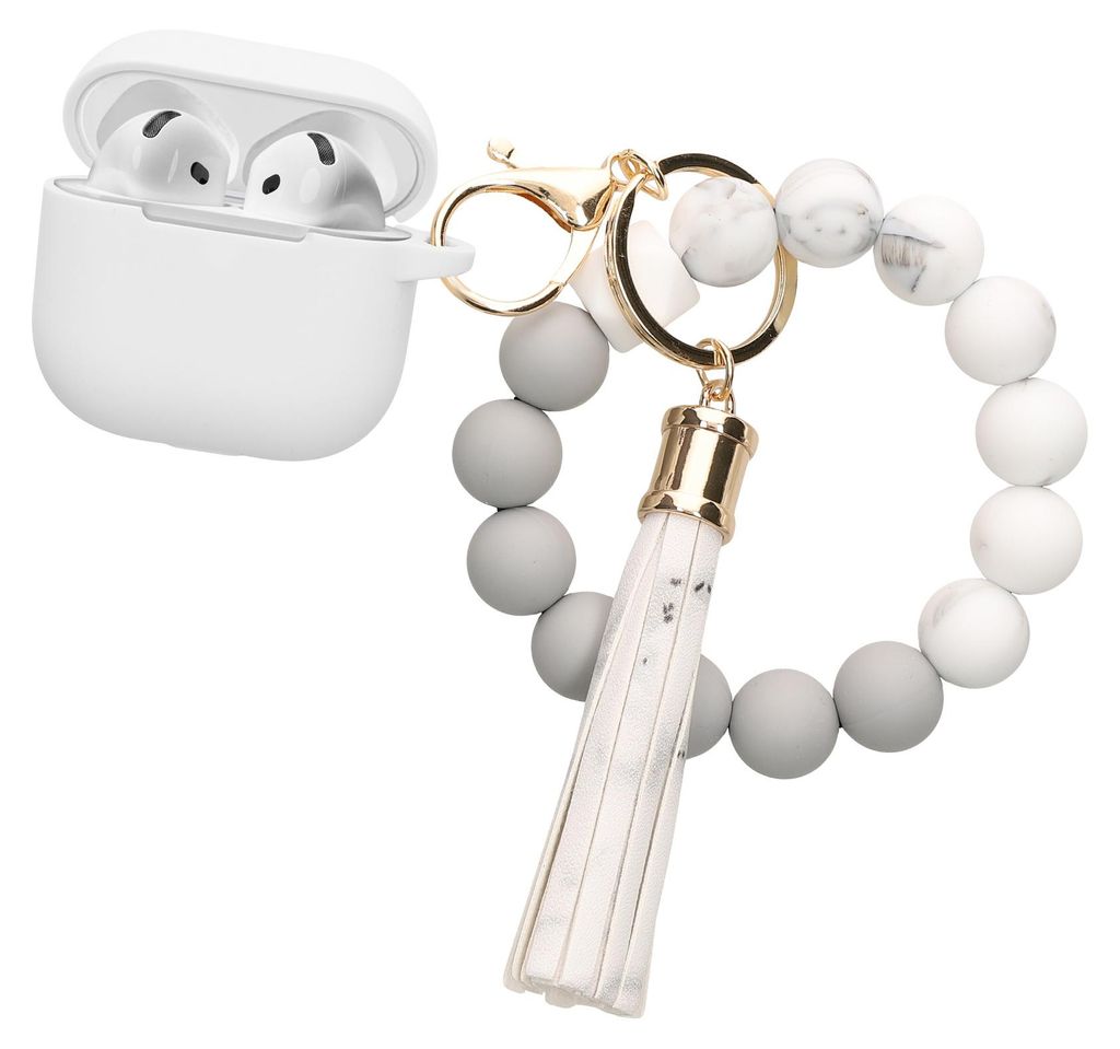 kwmobile Hülle für Apple Airpods 4 Case mit Schlaufe - Silikon Schutzhülle mit Schlüsselanhänger - Kopfhörer Cover in Weiß Grau