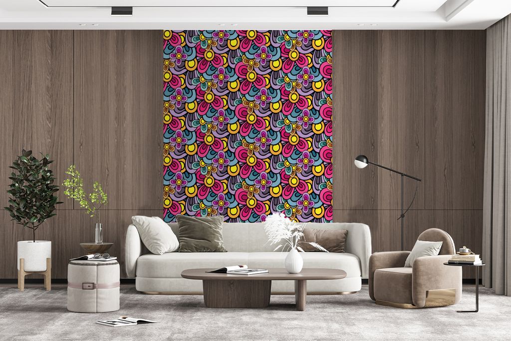 MuchoWow Fototapete für Wohnzimmer oder Schlafzimmer Wandtapete Vinyl Motivtapete Diagramm - Hippie - Blumen - Lila - 170x260 cm - Wohnzimmertapete