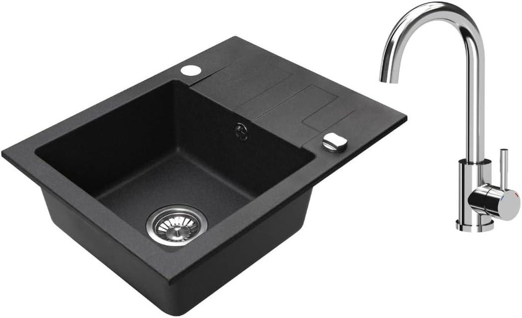 VBChome Granitspüle 59 x 44 cm Schwarz mit Armatur Einzelbecken Einbauspüle Reversibel Gesprenkelt Pflegeleichtes Spülbecken mit Siphon
