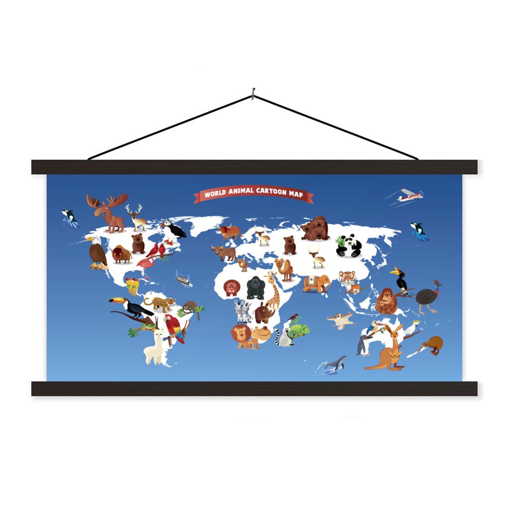 MuchoWow Textilposter Weltkarte Kinder - Tiere - Erde 90x60 cm mit schwarzem Rahmen - Aufhängungssatz