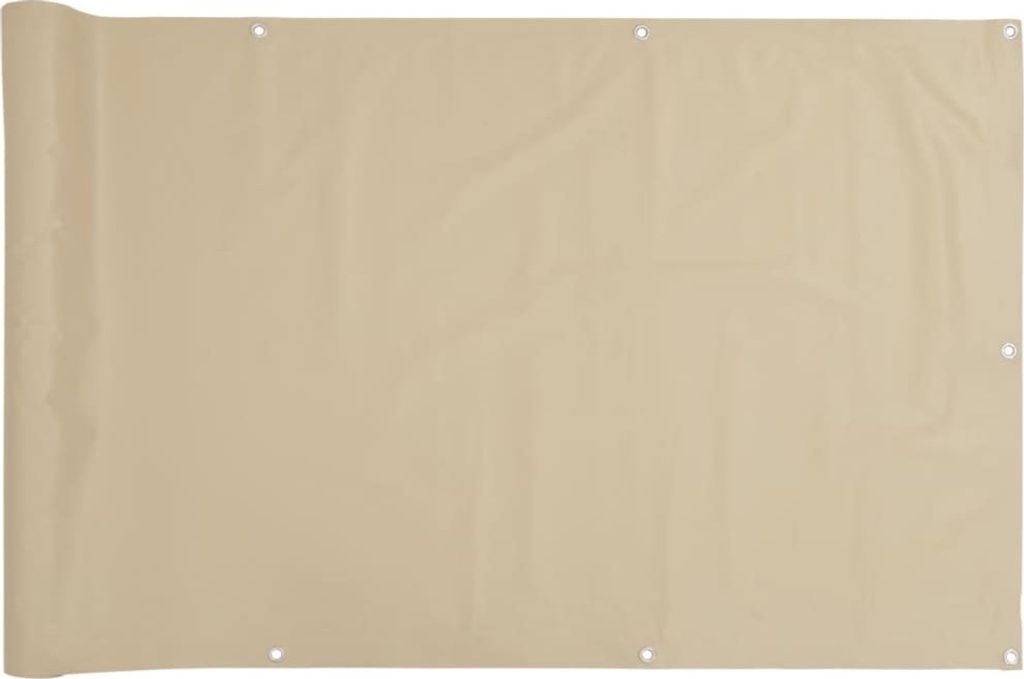 A beige balcony privacy screen laid flat, showing its texture and grommets.