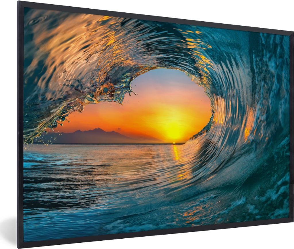 MuchoWow Gerahmtes Poster Sonnenuntergang - Wasser - Welle - Orange 90x60 cm - Poster mit Schwarzem Bilderrahmen Wandposter Rahmen Foto Bilder - ...