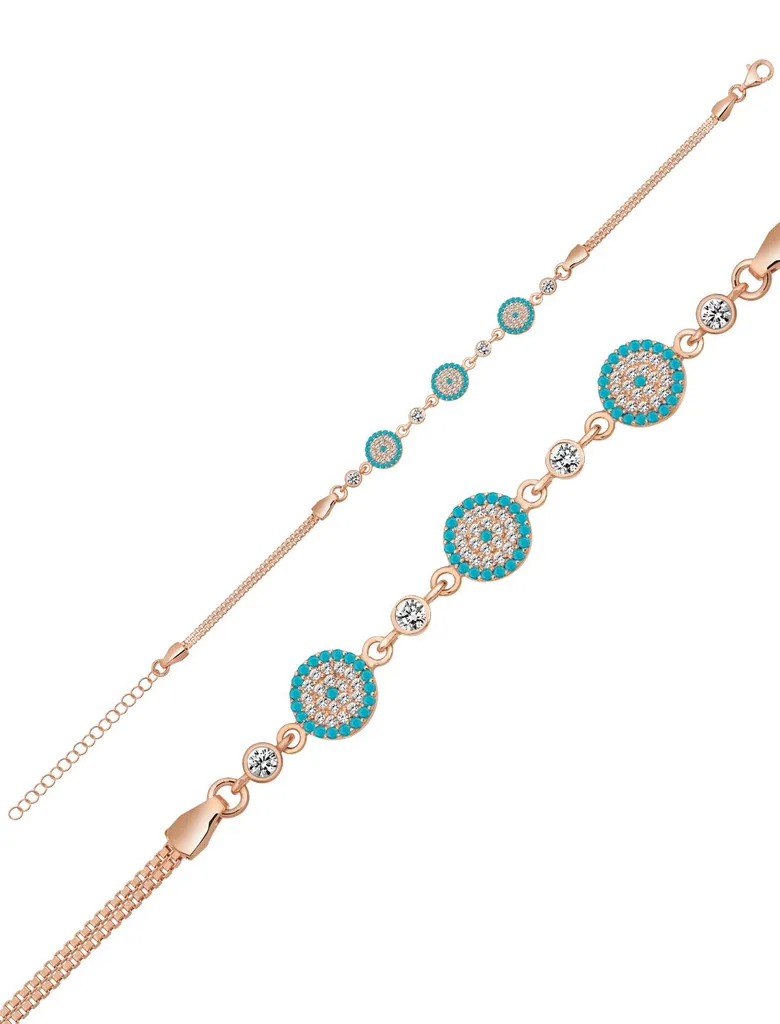 Bracelet en argent 925 plaqué or rose avec perles turquoise Nazar