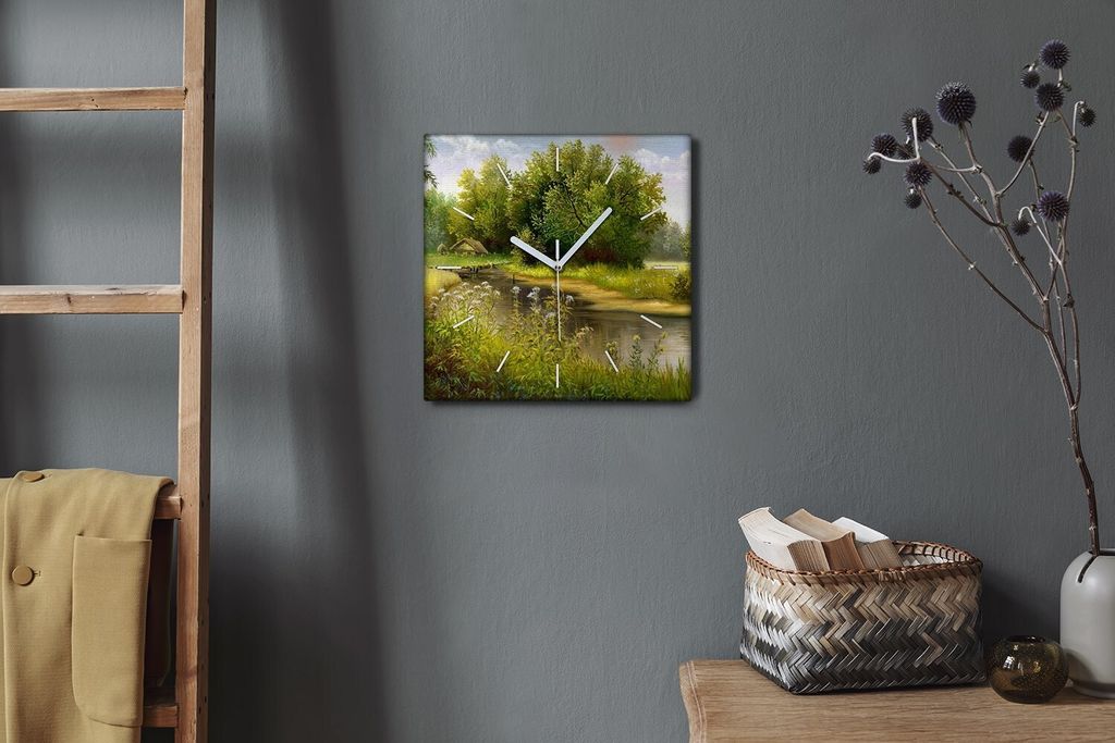 Coloray Hodiny Unikátní 30x30 cm Tiché hodiny Pro obývací pokoj a kuchyň Nástěnné hodiny Plátno Bílé ručičky hodin - Příroda říč...
