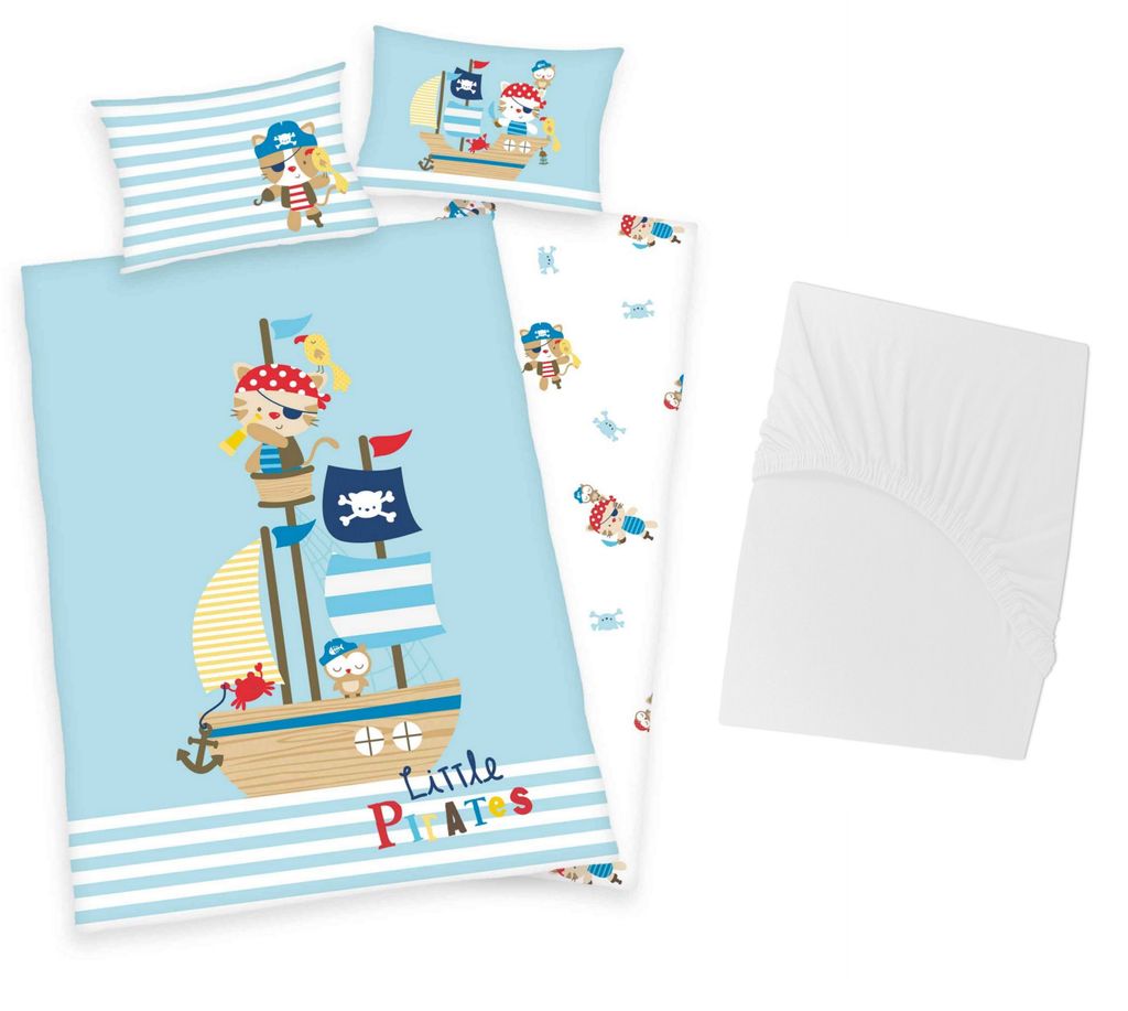 3 tlg Baby Bettwäsche Set - Kleiner Pirat - Renforcé - 40x60 100x135 cm + 1 Spannbettlaken weiß 60x120 - 70x140 cm