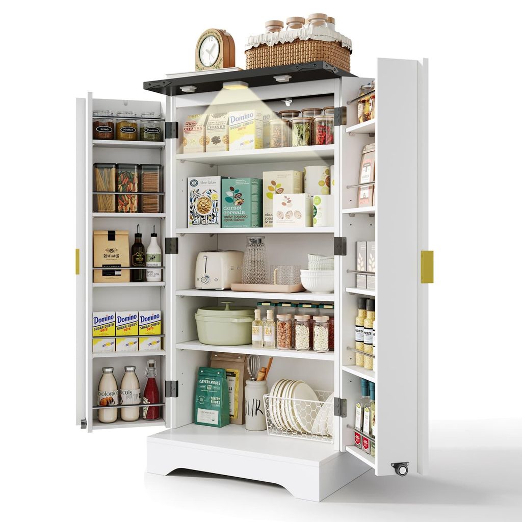 Küchenschrank mit LED-Sensorlicht und Gewürzregal, Großzügiger Doppeltür-Schrank mit Verstellbaren Regalböden und Modernem Türdesign,120x60,...