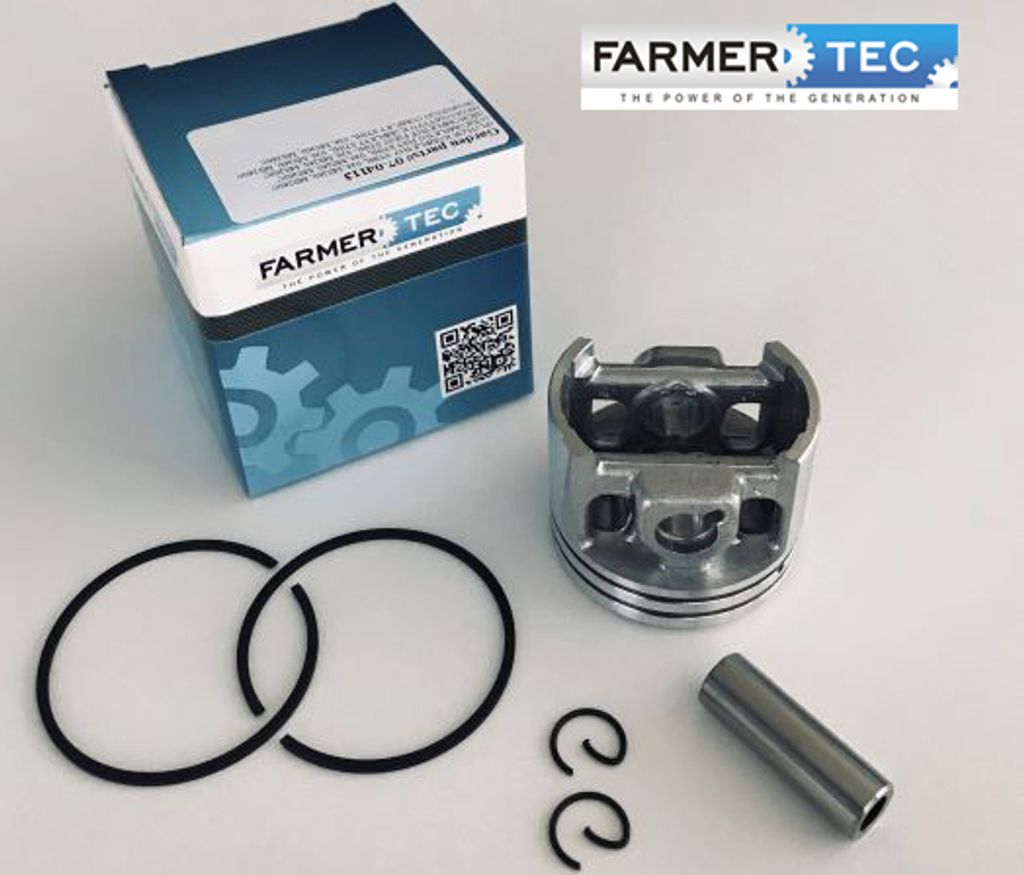 A product shot of a piston kit with its packaging and accessories.