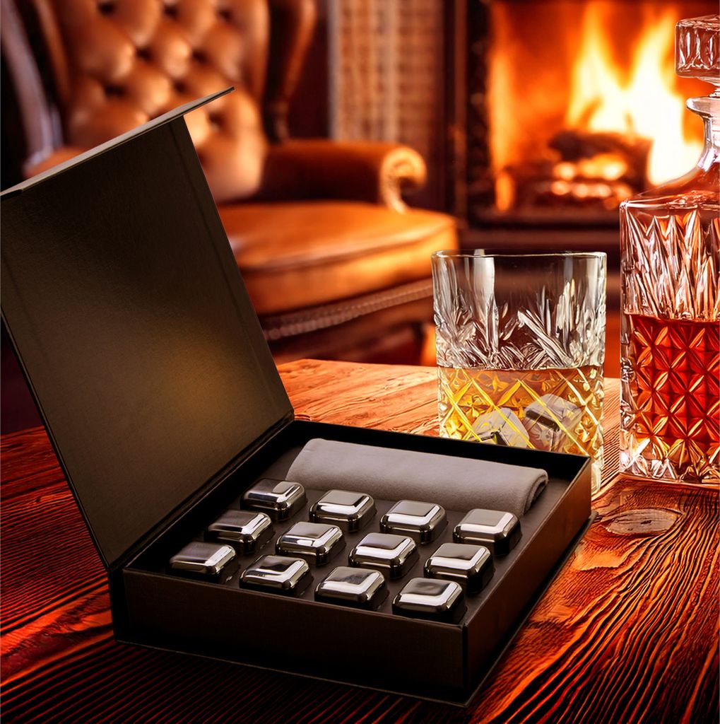 com-four Whisky Steine Geschenk-Set - 12x Edelstahl-Eiswürfel