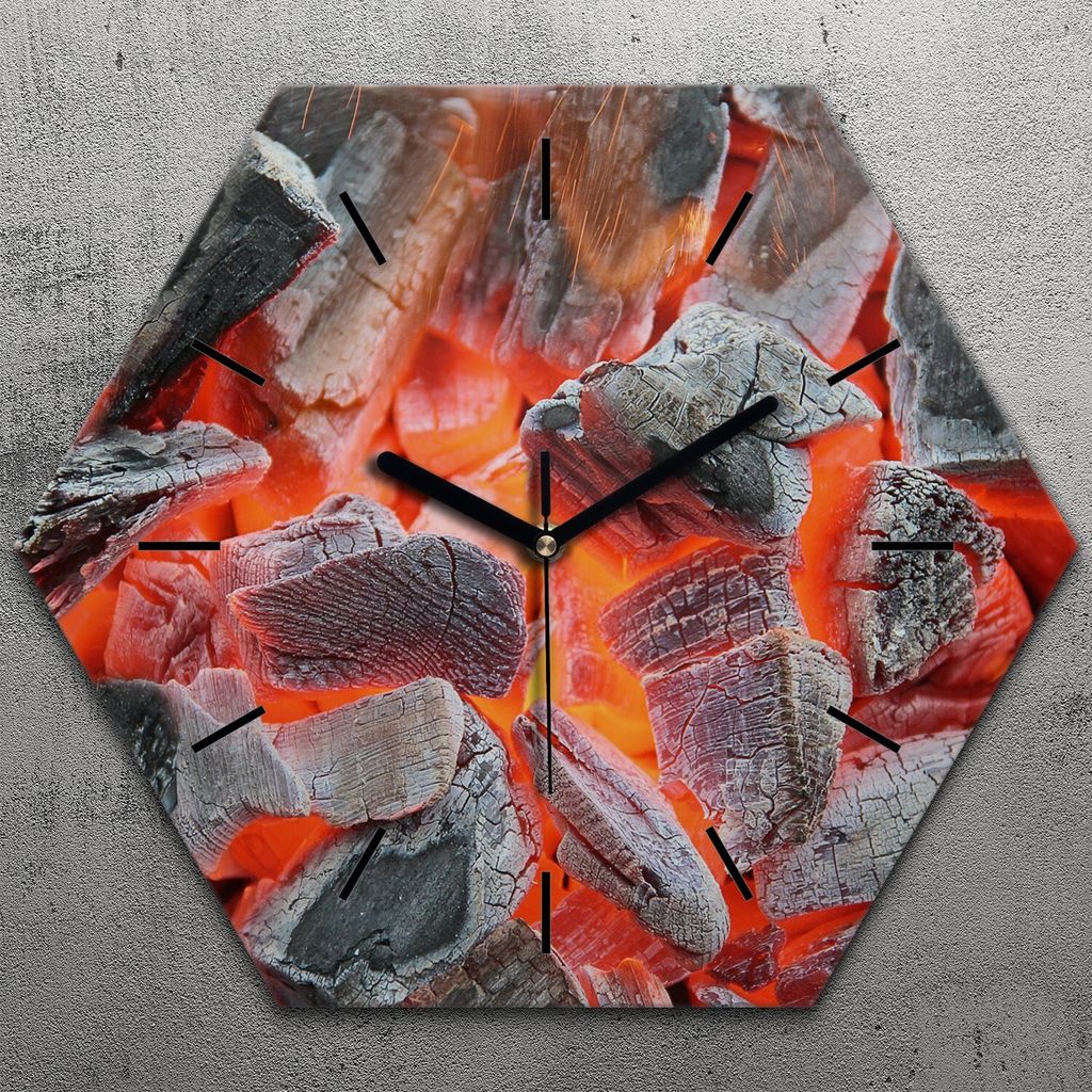 Uhr hexagonal 40 cm Glas Geräuschlos schwarze Zeiger - Grill Feuer Glut