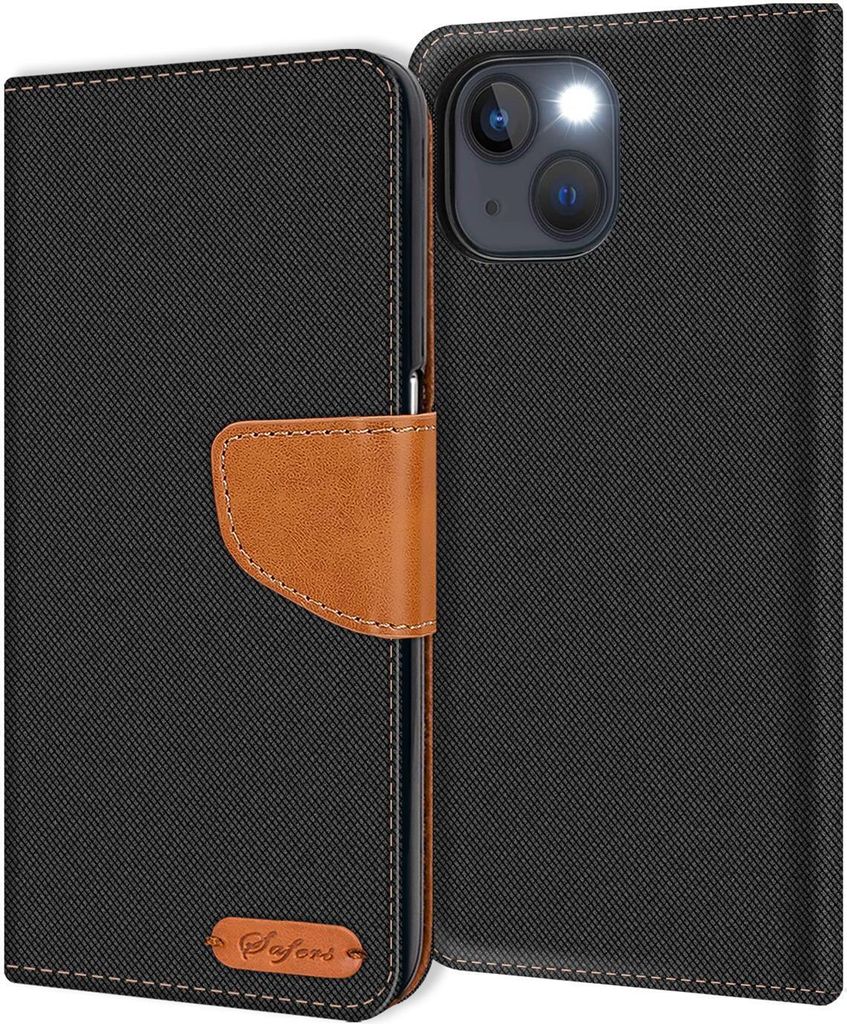 Conie Jeans Style Klapp Tasche für iPhone 13 Mini Kartenfach Hülle Rundumschutz in Schwarz