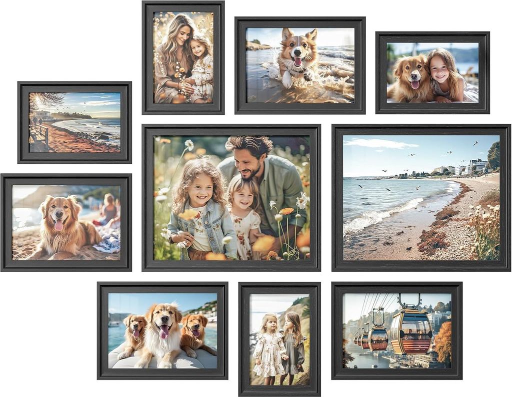 Fotolijsten Set von 10 - Hängend oder Tischplatte - MDF und Glas - 12 nicht-spuren Nägel - Aschschwarz