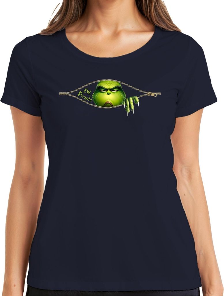 Ew People Grinch Reißverschluss frech lustig Weihnachten Damen T-Shirt, Navy, M