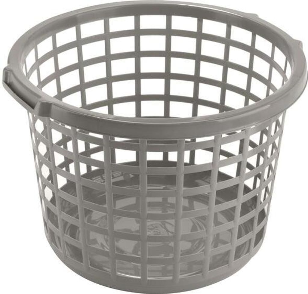 A gray plastic laundry basket with a grid pattern.