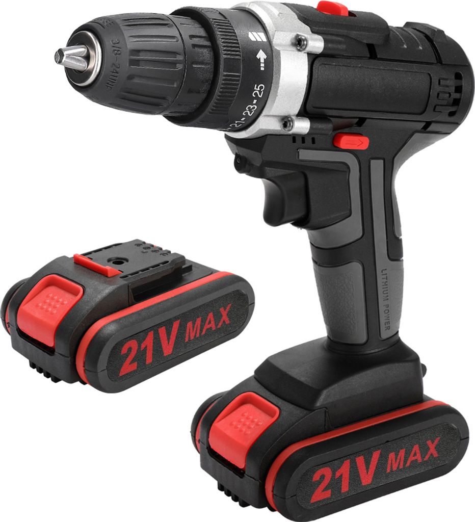 A cordless drill and a spare battery are shown against a white background.