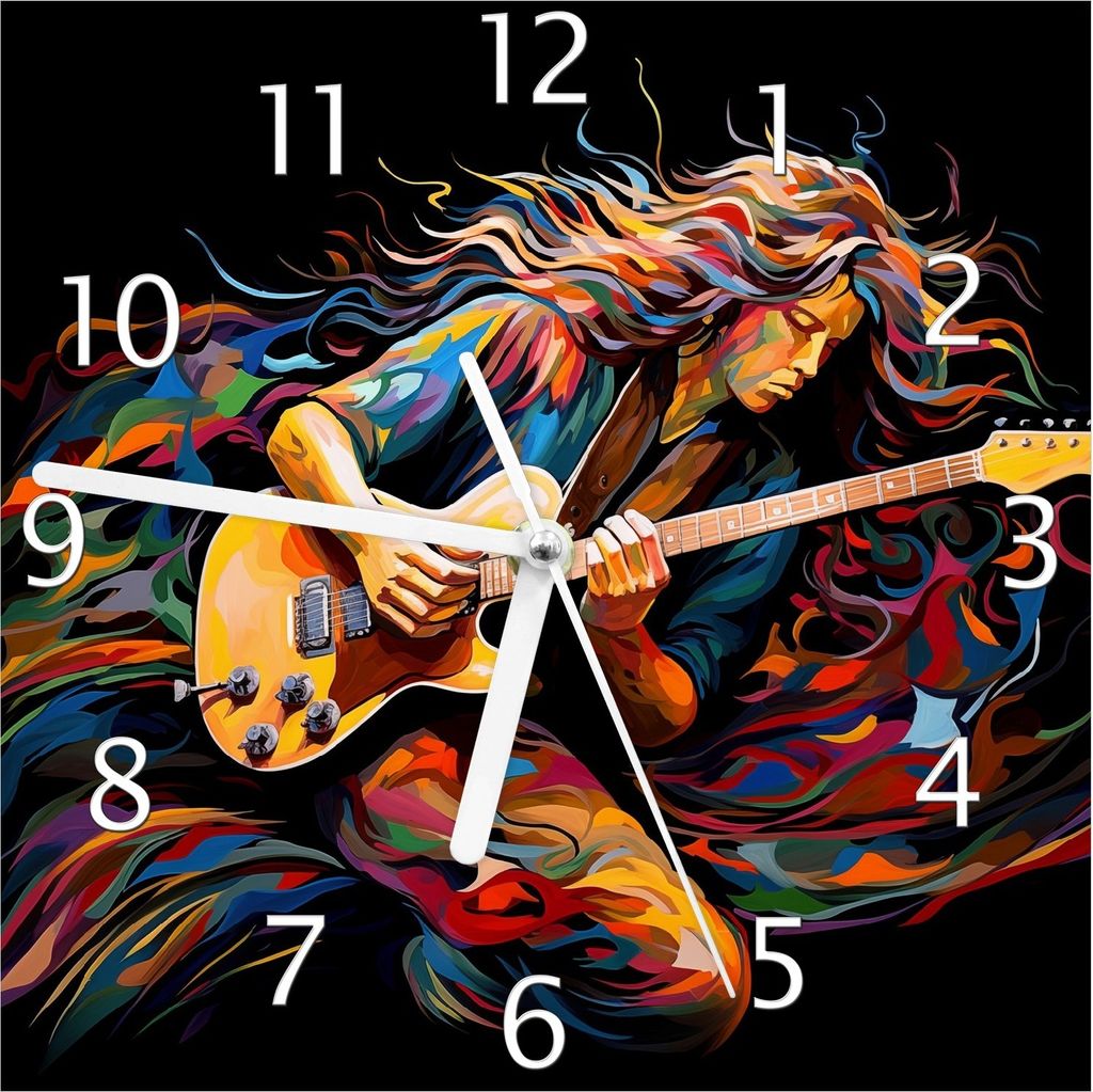 Wallario Design Wanduhr Farbiges Gitarrenspiel aus Echtglas, Größe 20 x 20 cm