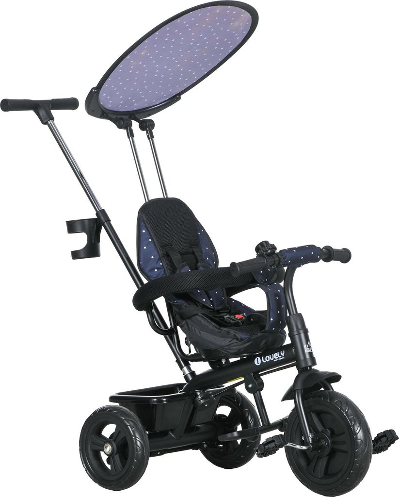 6-in-1 Kinderdreirad mit Schiebestange, Dach, Gurt, Ablagekorb, für 1-5 Jahre, Dunkelblau