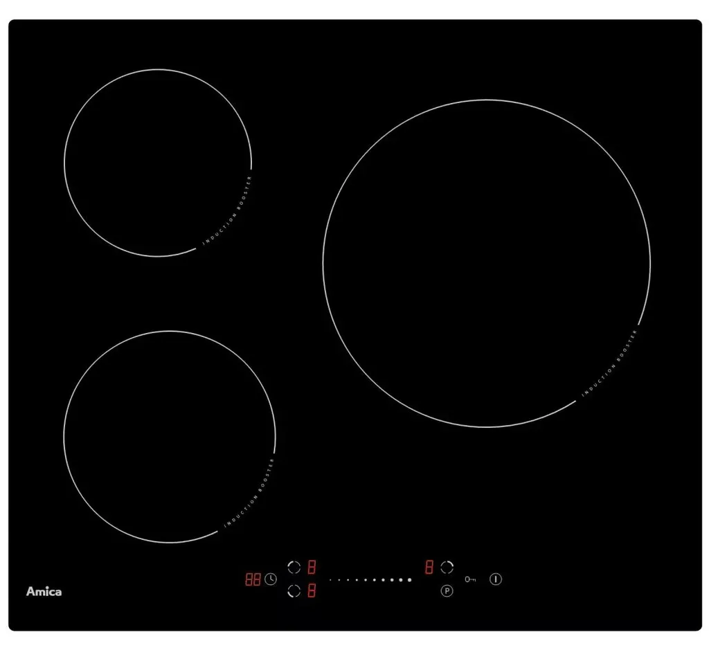 Table induction 60cm Amica 7000W avec 3 foyers boosters et slider précis