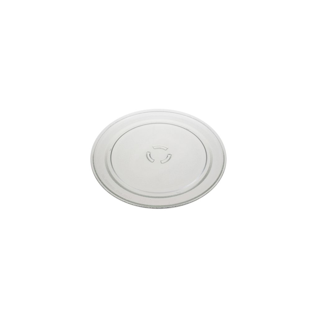 A clear glass microwave turntable plate is shown against a white background.