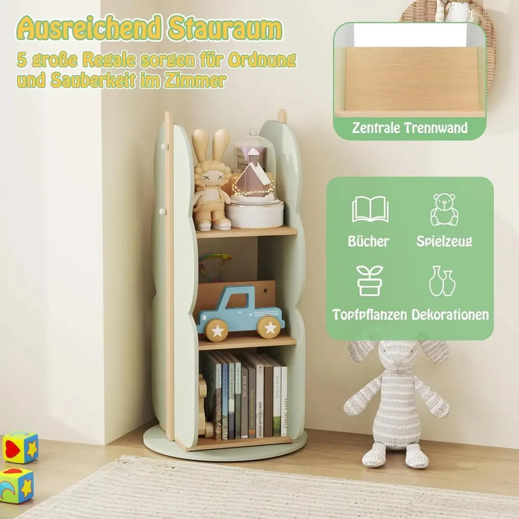 Bibliothèque enfant rotative en bois 3 niveaux verte 5 compartiments