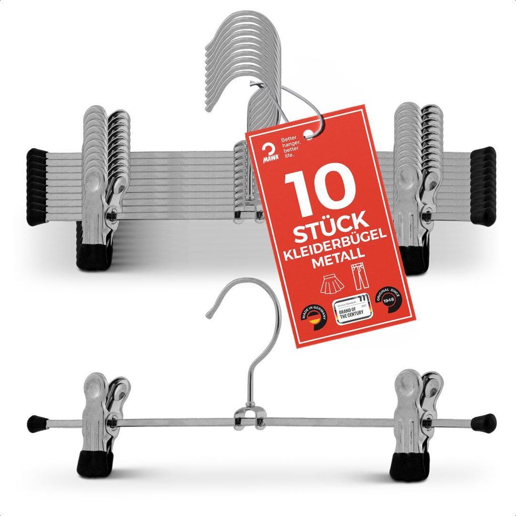 MAWA Kleiderbügel mit Clips, 10er-Set, rutschfest, 30 cm, Schwarz, drehbar
