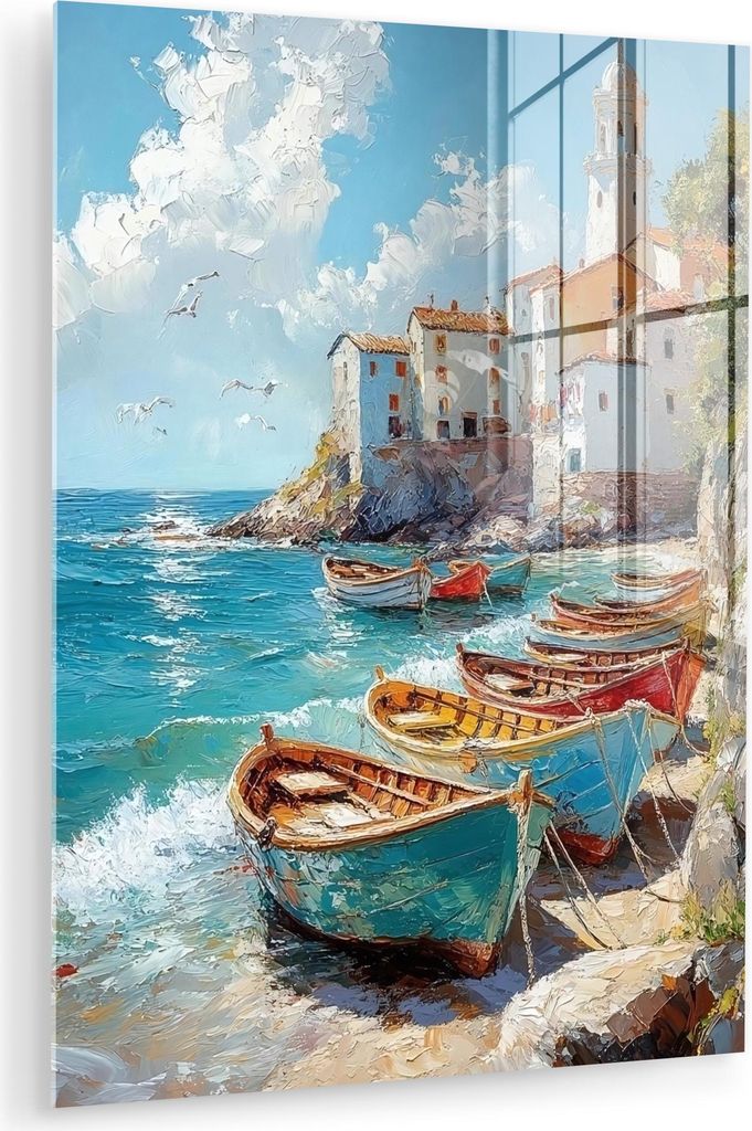 MuchoWow Glasbilder - Bilder auf Wandbild - Foto auf Glas Boote - Felsen - Meer - Sonne 30x40 cm Wanddekoration aus Glas - Acrylglasbild - Acrylbil...