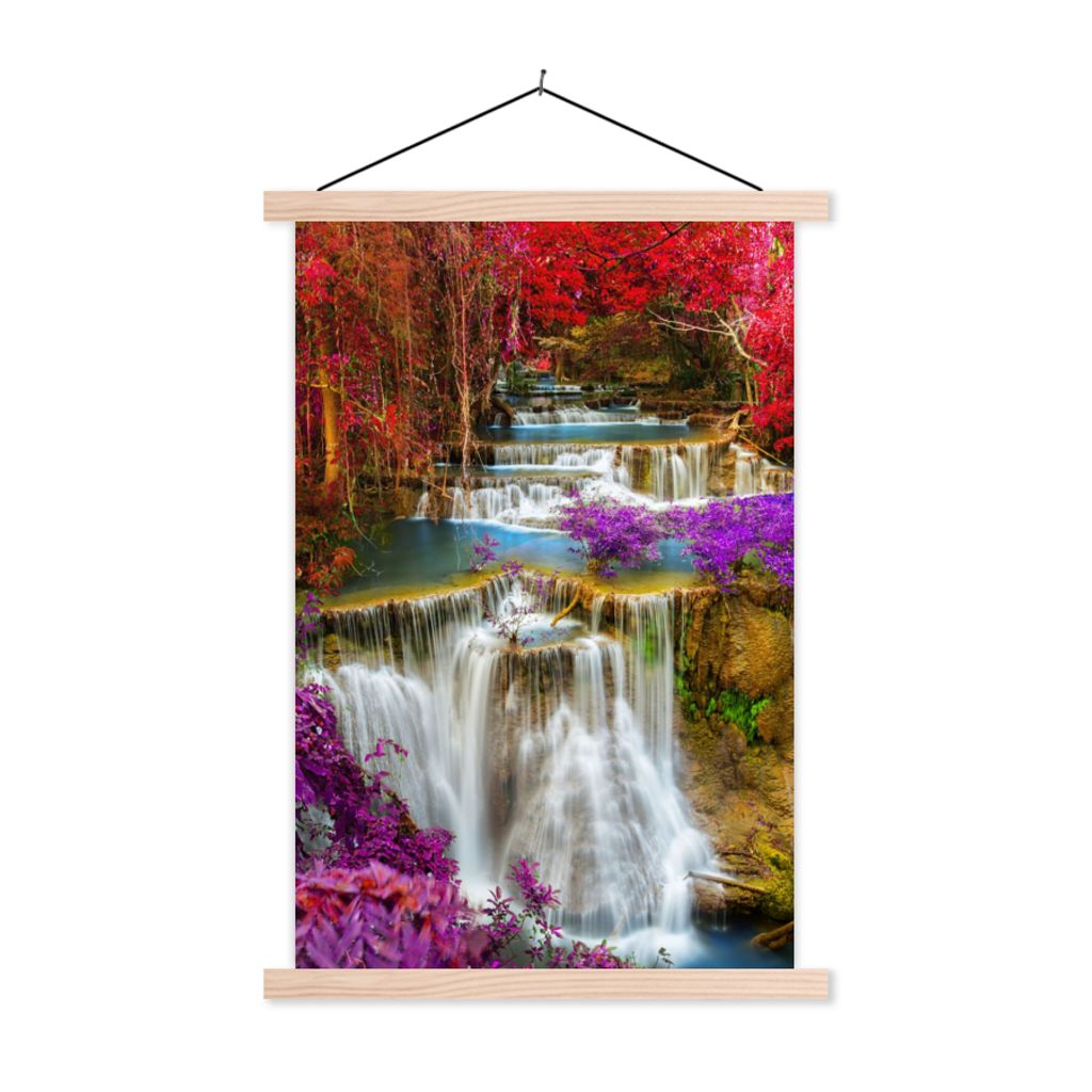 MuchoWow Textilposter Wasserfall - Rosa - Bäume 60x90 cm mit holzfarbenen Rahmen - Textil