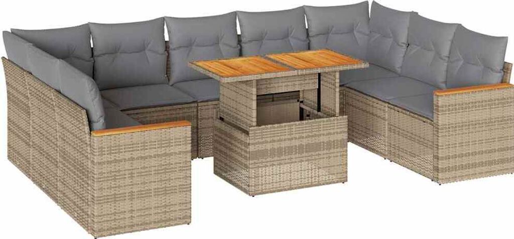 10-tlg. Garten-Sofagarnitur mit Kissen Beige Poly Rattan Akazie