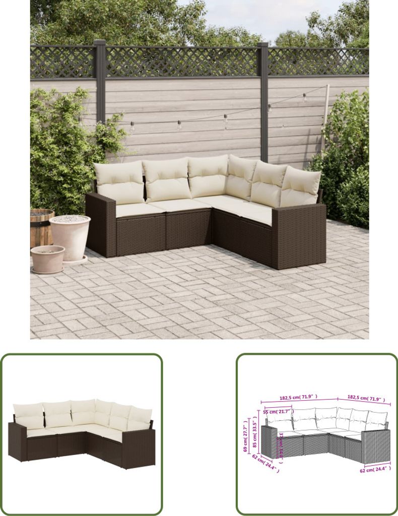 The Living Store 5-tlg. Garten-Sofagarnitur mit Kissen Braun Poly Rattan