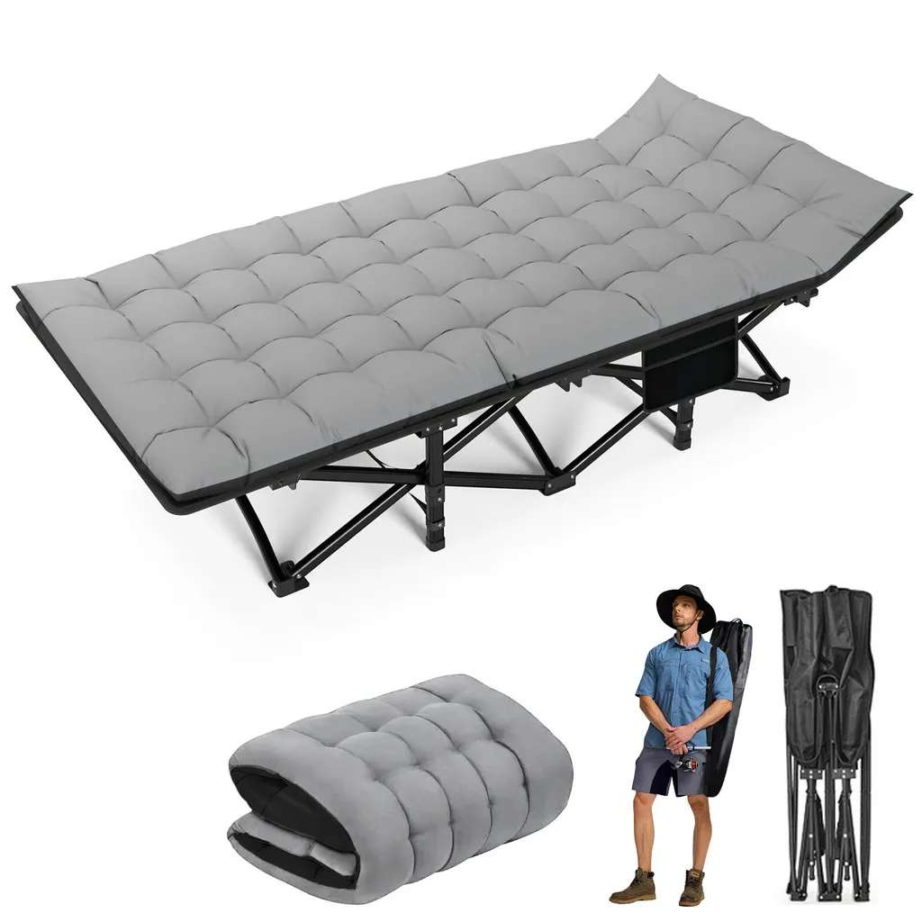 Lit de camping pliable 200kg, matelas épais et structure en acier