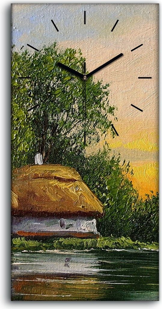 Wanduhr Uhr Wandbild Leinwand Geräuschlos 30x60 Ölgemälde Hütte auf dem Land - schwarze Hände