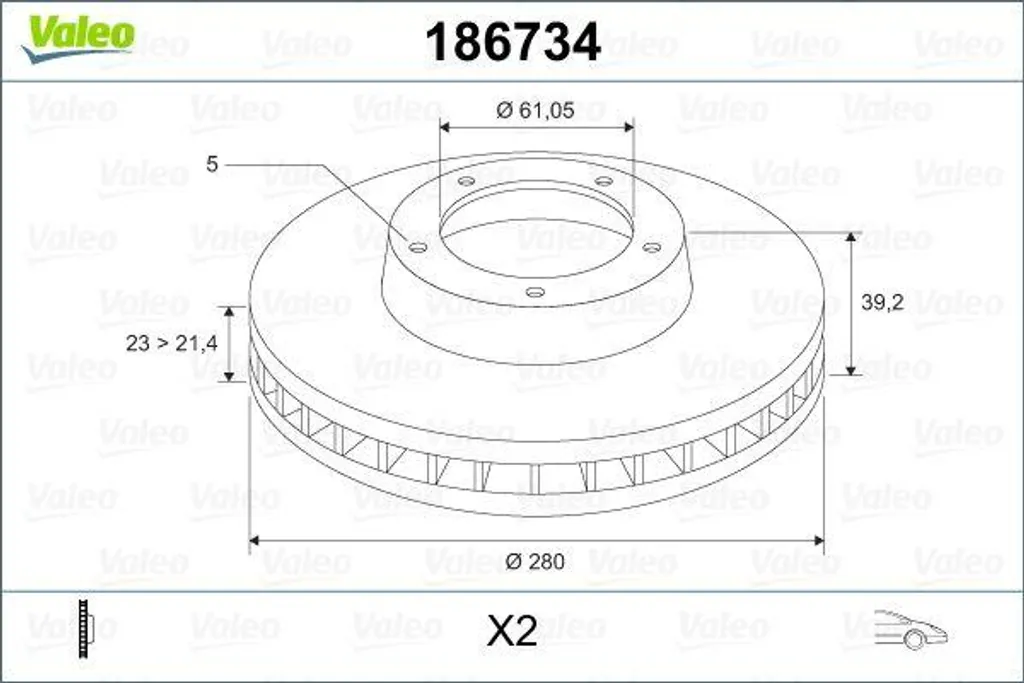 Disque de frein VALEO 186734 OE 4509994AA pour PT Cruiser - Avant/Arrière