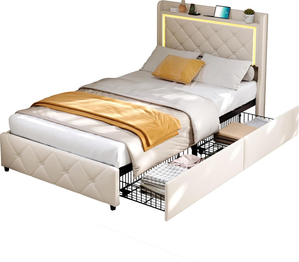 Bett mit Stauraum - Einzelbett 90 x 200 cm - 2 Schubladen - Kopfteil mit LED & USB - Holz - Schwarz