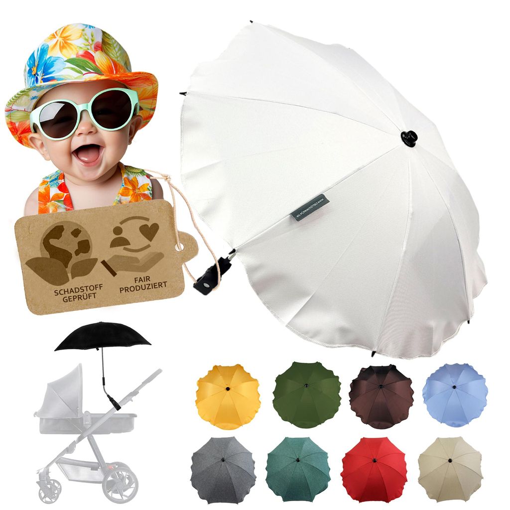 BAMBINIWELT Sonnenschirm für Kinderwagen Ø68cm UV-Schutz50+ Schirm Sonnensegel Sonnenschutz, weiß