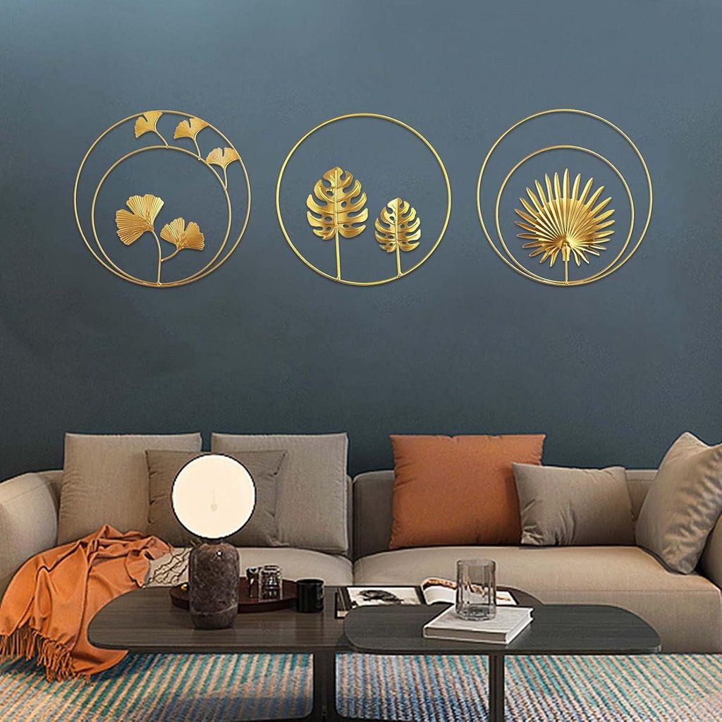 Set mit 3 Wandskulpturen aus Metall – Goldene Ginkgoblätter – Palmenblätter – Runde Wanddekoration – Dekoration für Zuhause, Büro, Wohn...