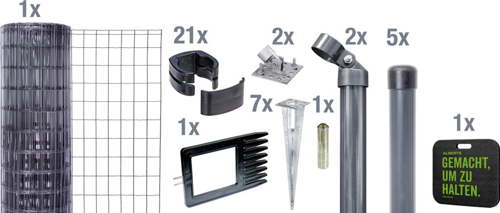 A collection of fence components laid out on a white background.