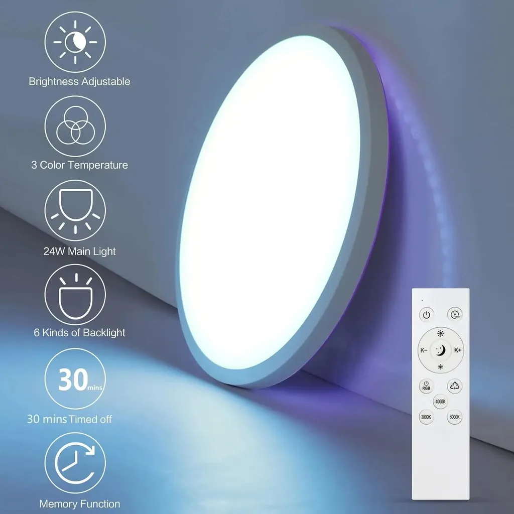Plafonnier LED RGB 24W avec télécommande et rétroéclairage 6 couleurs
