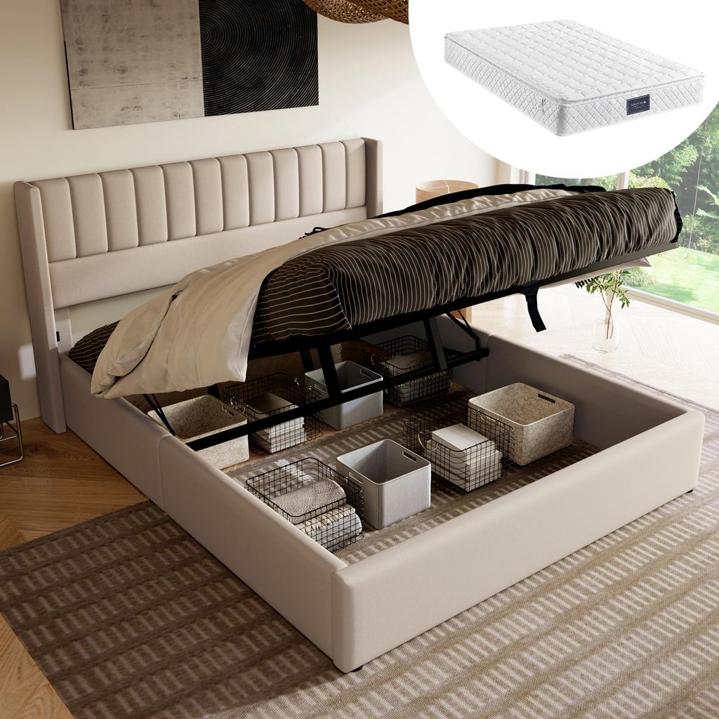 Hydraulisches Stauraumbett 160x200 cm mit Matratze – Premium Doppelbett mit edlem Leinenbezug, Beige, inklusive Lattenrost