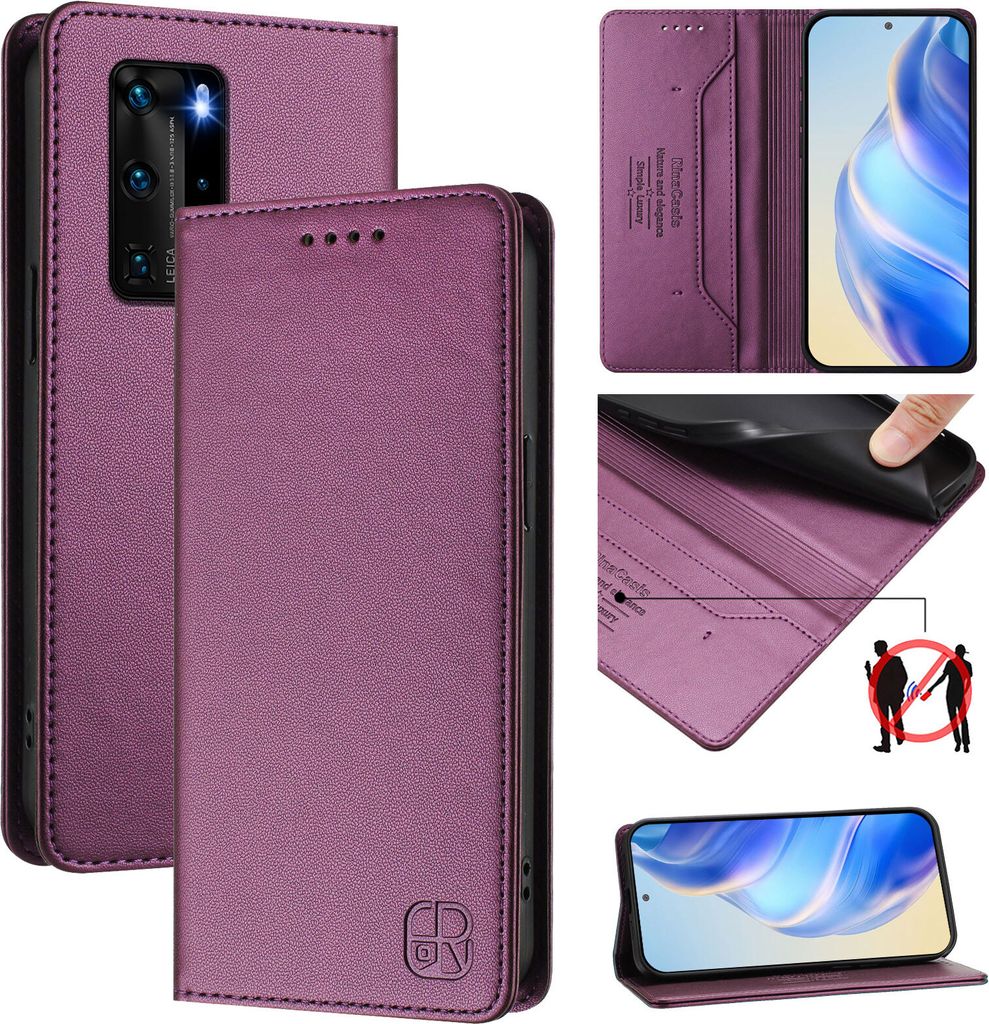 Lederhülle für Huawei P40 Pro Hülle Flip Brieftasche Kartenfächern Ständer Schutzhülle Lila