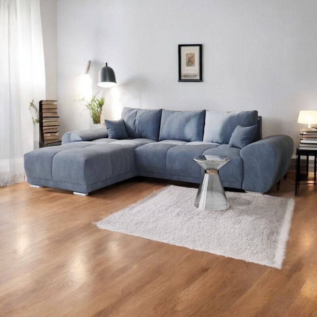 Design Ecksofa L-form mit Samtbezug Monolith 72 hellblau Ecksofa mit Schlaffunktion und und Bettkasten Erweiterungssystems DL