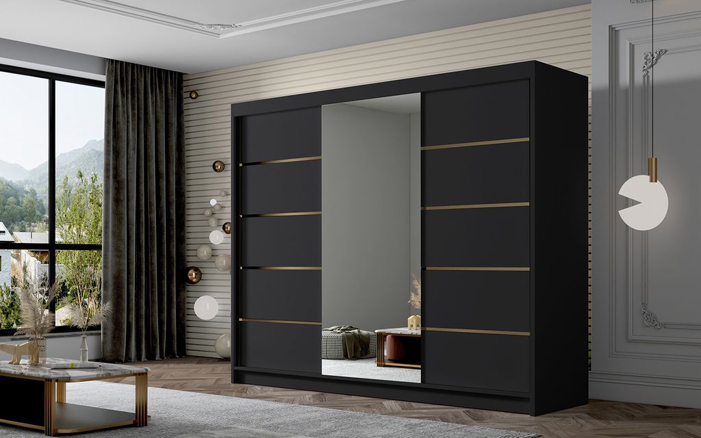Kleiderschrank mit Spiegel MILINA - 250 cm, schwarz