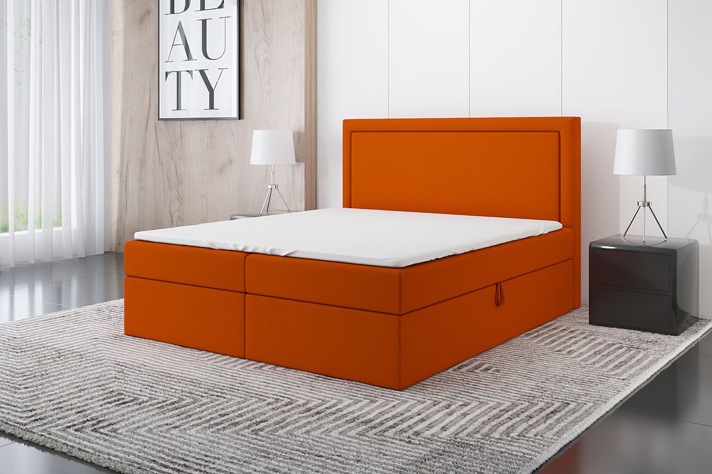 Boxspringbett FRODI 140 x 200 mit 2 Bettkästen, Bonell-Matratze und Topper. Farbe: Orange