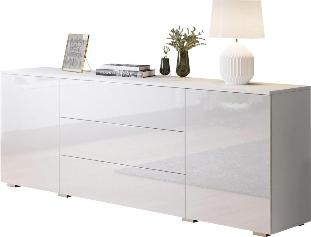 MIRJAN24 Kommode Awit 150 Highboard mit 3 Schubladen und 2 Türen, Stilvoll Sideboard, Wohnzimmer Schrank (Farbe: Weiß / Weiß Hochglanz)