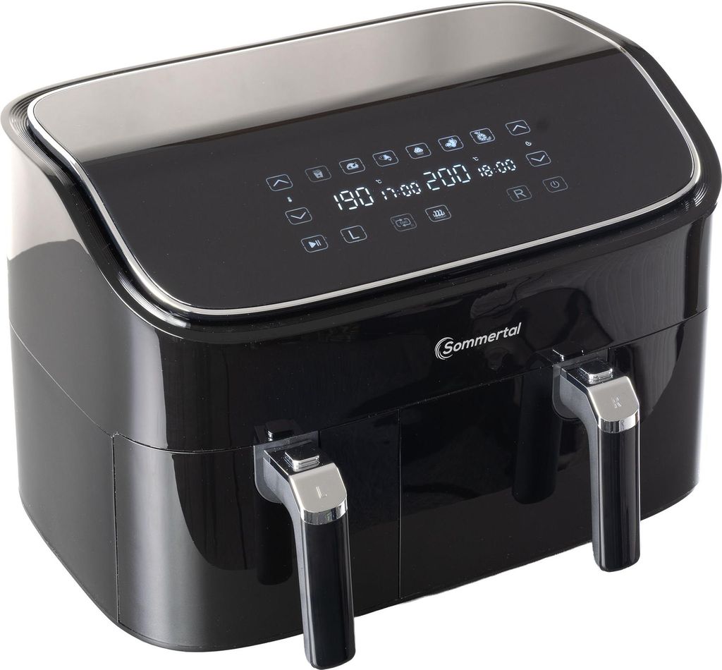 A black dual-chamber air fryer with a digital touch display is shown against a white background.