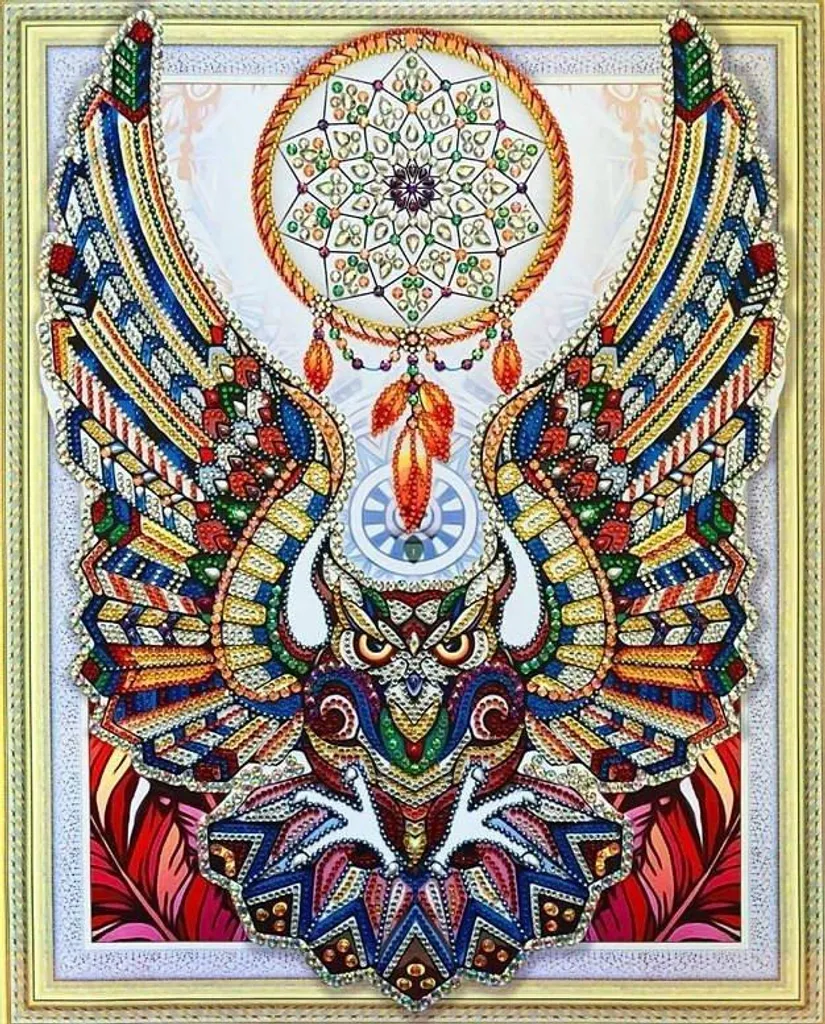 Kit broderie diamants hibou 47x57 cm : tableau strass DIY pour décoration
