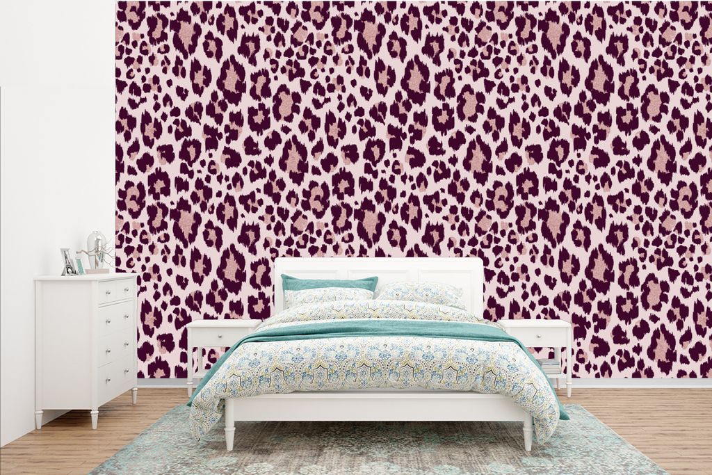 MuchoWow Fototapete für Wohnzimmer oder Schlafzimmer Wandtapete Vinyl Motivtapete Schnittmuster - Panther - Rosa - 385x240 cm - Schlafzimmer-Tapete